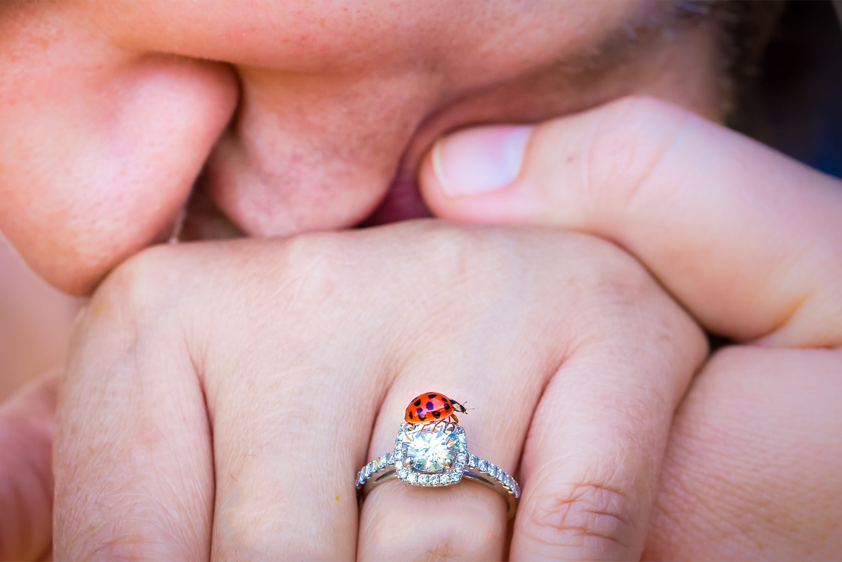 Creative Wedding Photographer, Lisa Rhinehart, captures this image of a ladybug on the bride's ring as the groom kisses her hand during their wedding 