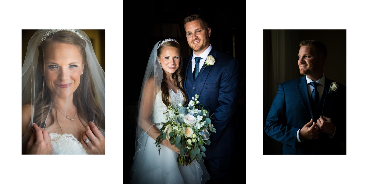 dramatically lit portraits of the bride and groom separately and a traditional image of the bride and groom together before their New Jersey wedding ceremony 