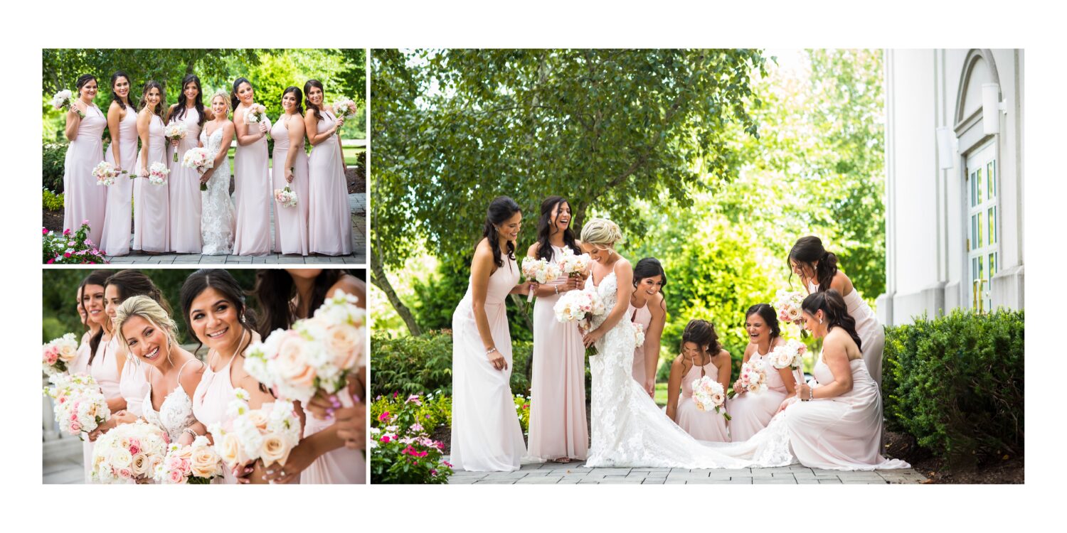 best wedding photographer, Lisa Rhinehart, captures these fun, candid image of the bride with her bridesmaids during these bridal party portraits at the palace at Somerset Park in New Jersey 