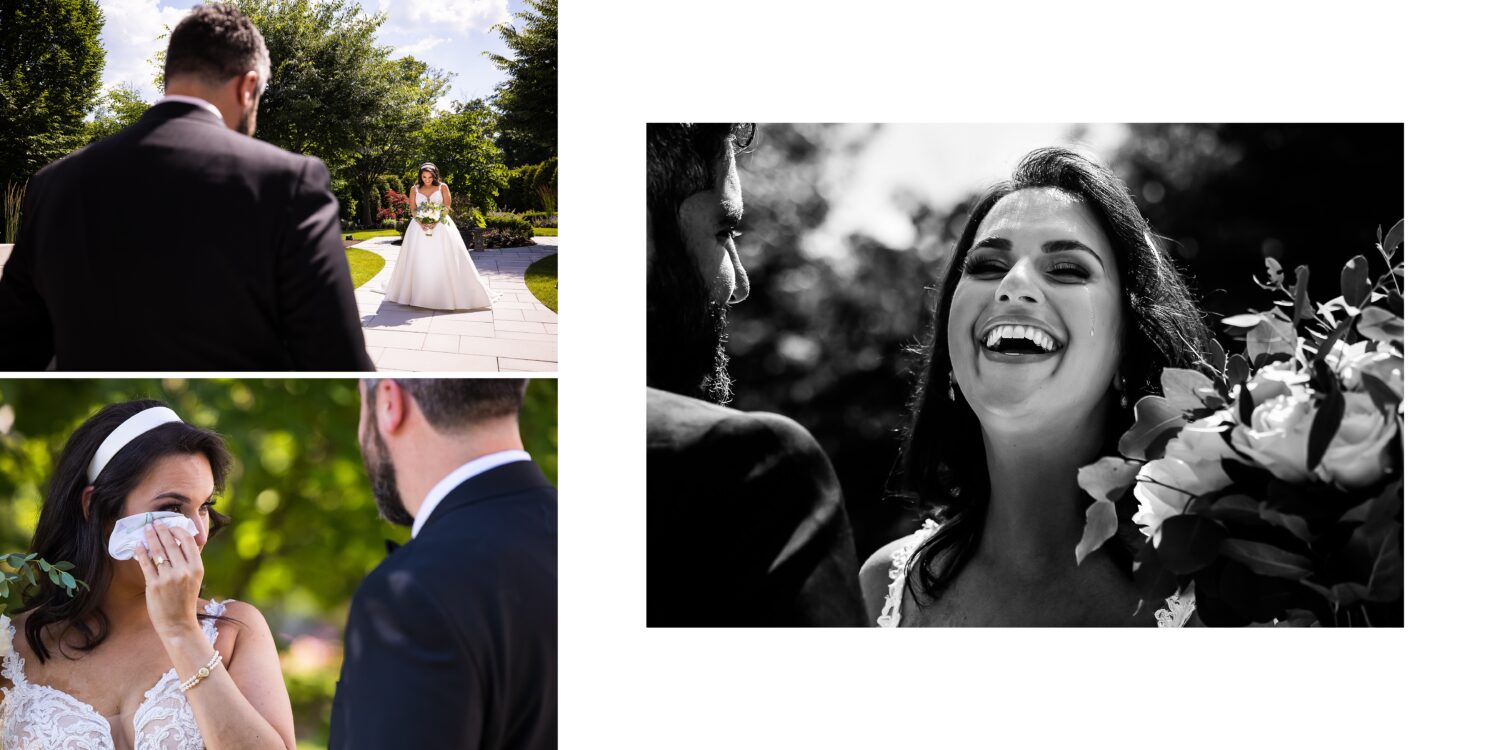 candid wedding photographer, Rhinehart Photography, captures these emotional first look moments between the bride and groom featuring a black and white image of the bride as she smiles with a tear dropping down her face captured at the palace at Somerset Park in New Jersey 