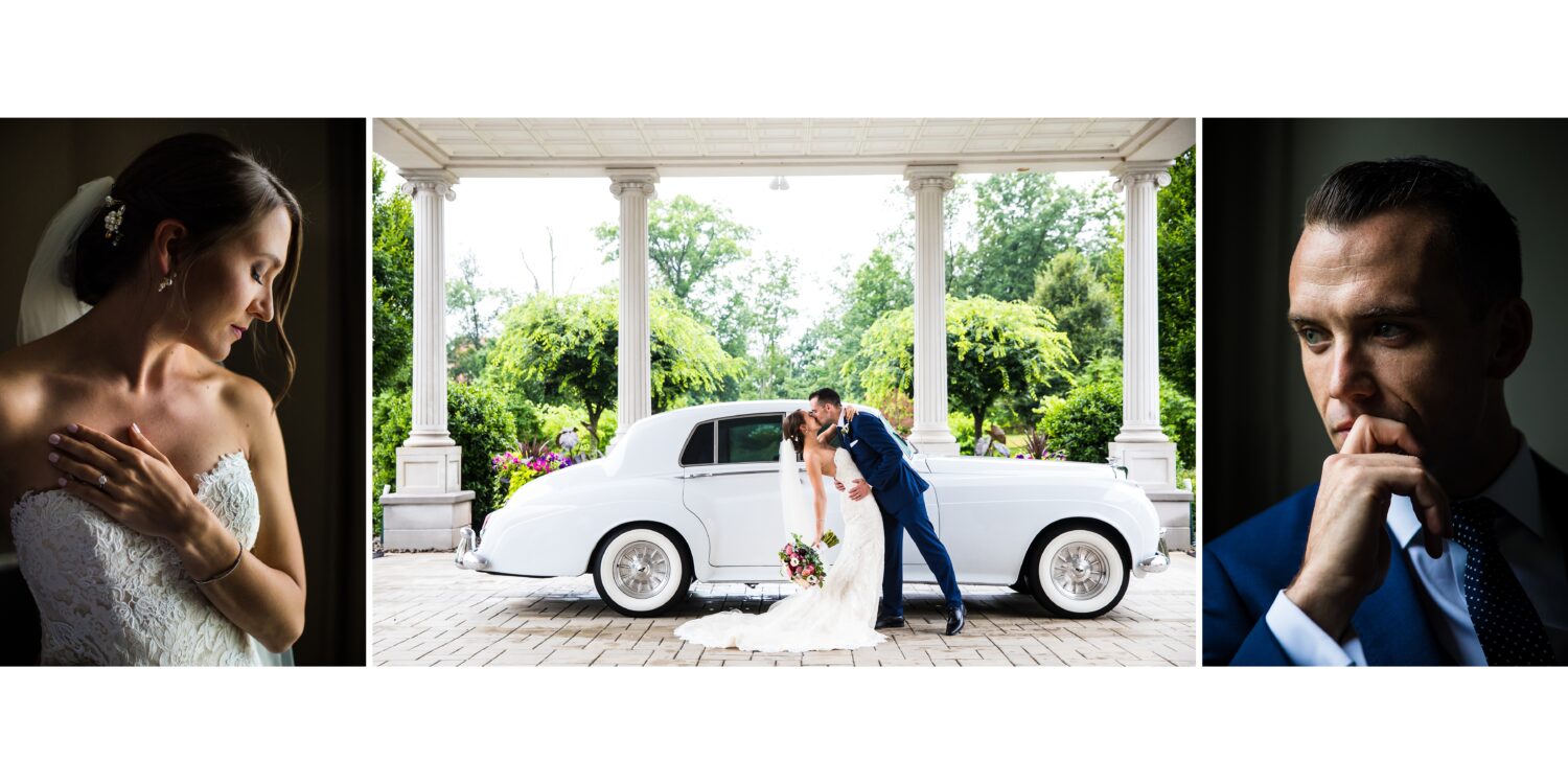 dramatic lit portraits of the bride and groom on either side of a vibrant image of the couple sharing a kiss in front of a vintage white car outside of the palace at Somerset Park in New Jersey 