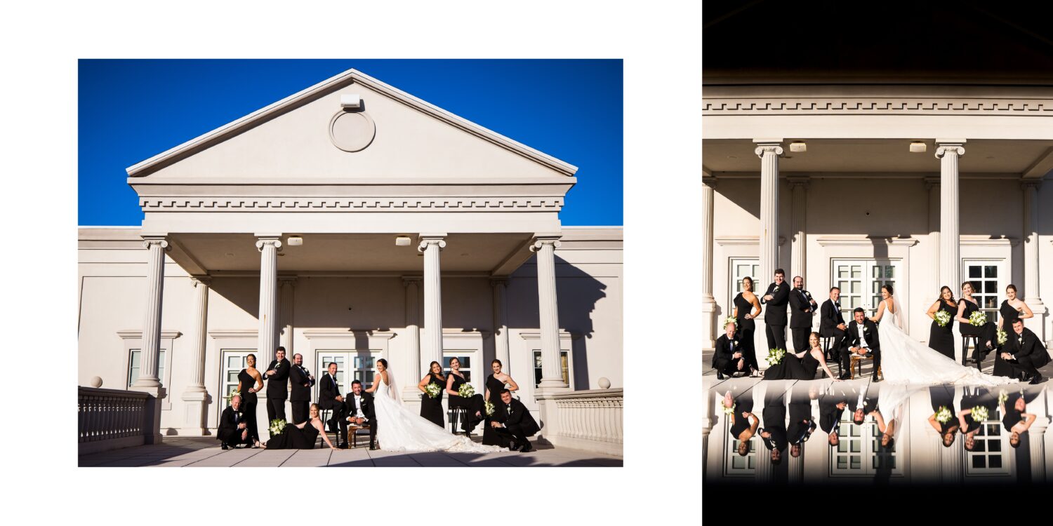 creative palace at Somerset Park wedding photographer, Lisa Rhinehart, captures these creative, unique image of the wedding party as they pose with a vogue vanity fair look during these outdoor palace at Somerset Park wedding party photos 