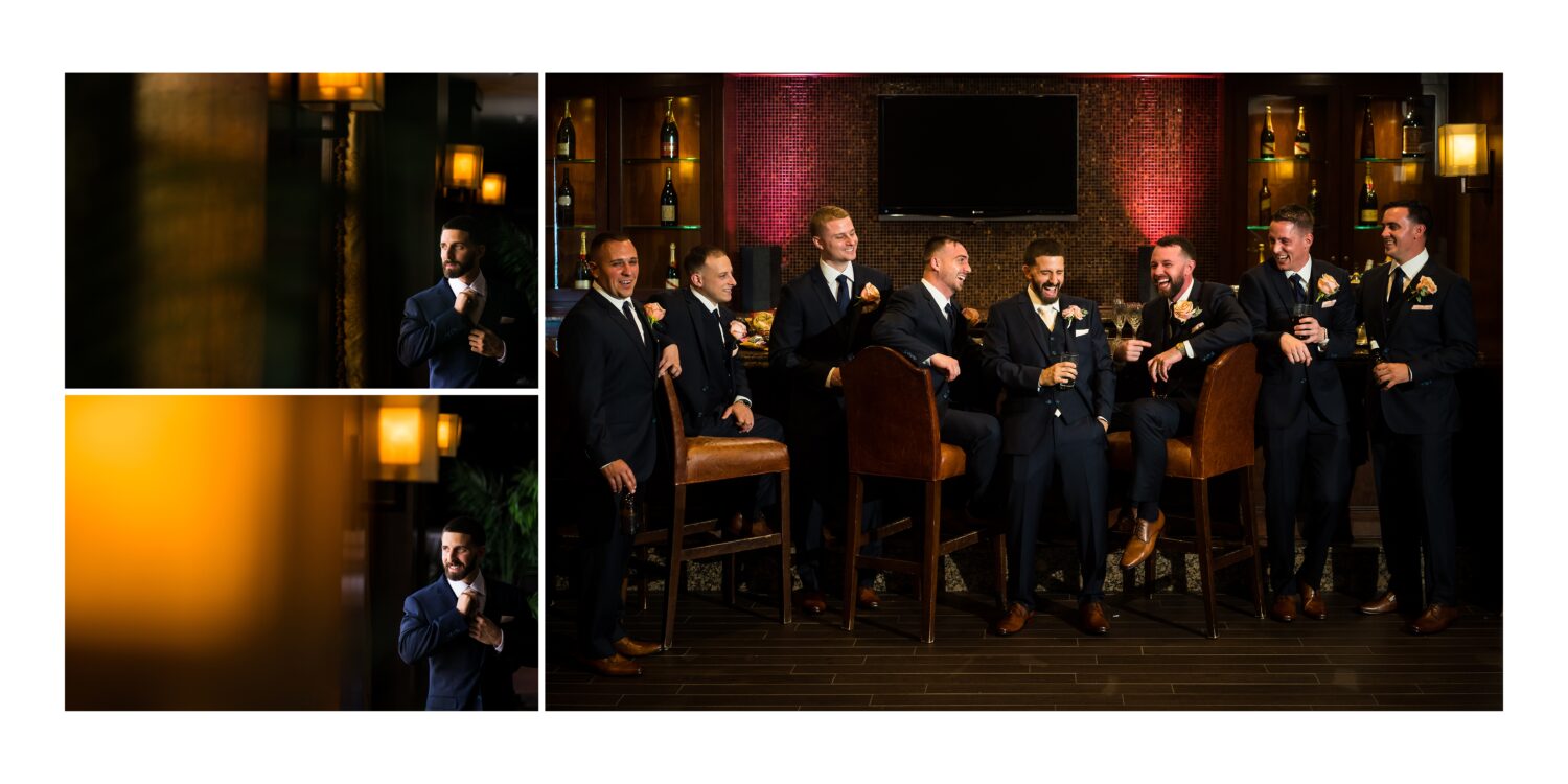 best nj wedding photographer, Lisa Rhinehart, captures these unique, creative fun images of the groom for his portraits and a fun, candid image of the groom and his groomsmen as they laugh and joke together before this palace at somerset park wedding ceremony 
