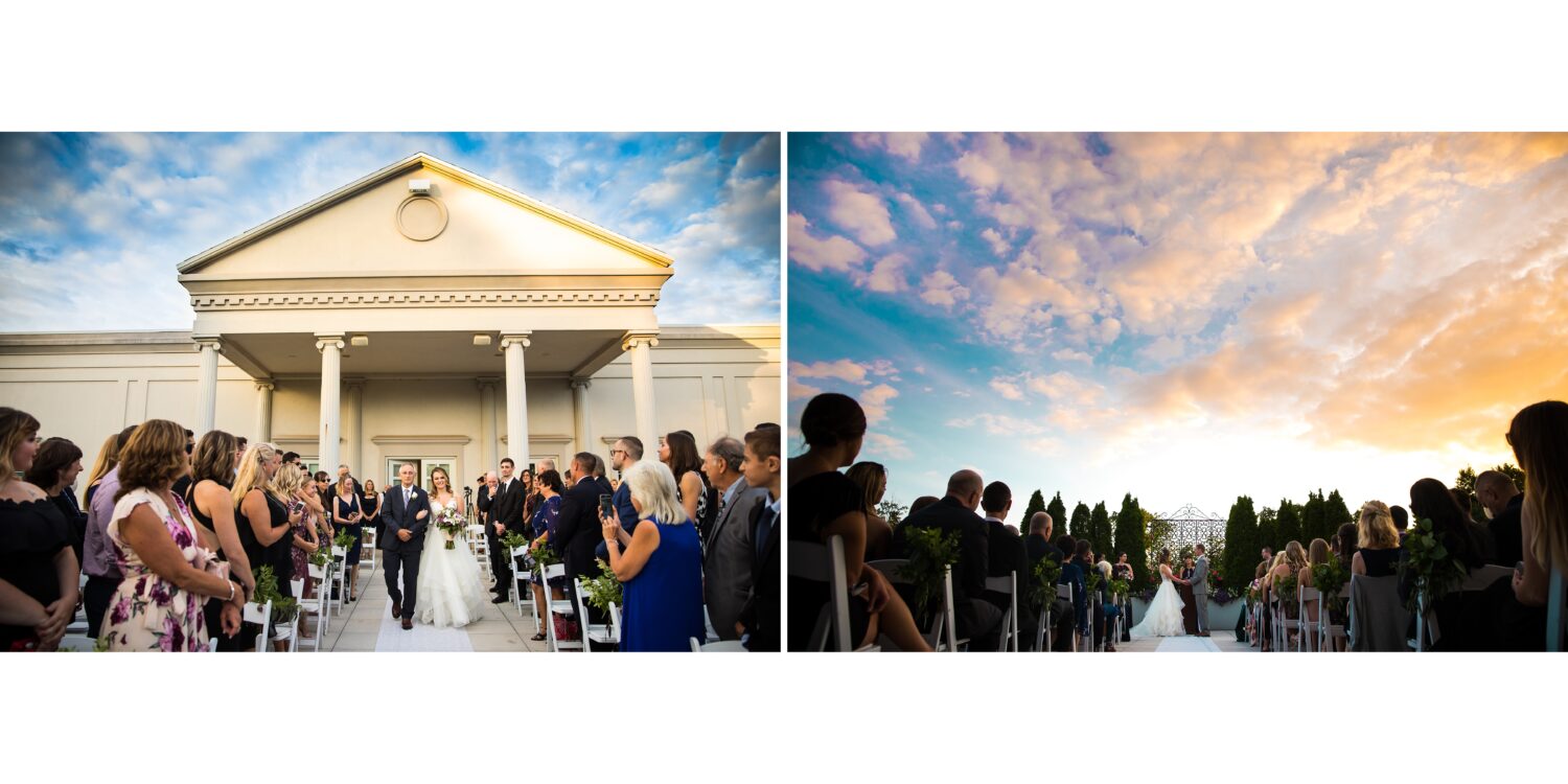 vibrant, colorful image of the bride as she walks down the aisle with her dad and stands with her groom while the sunset is a vibrant, colorful sky during this outdoor palace at Somerset Park wedding ceremony 