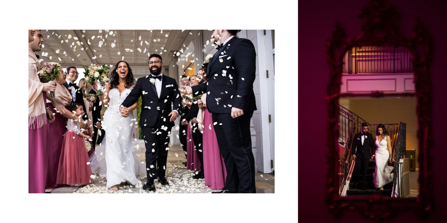 fun, colorful image of the bride and groom as they walk down an aisle between their wedding party as they thrown white petals in the air before they head inside of a dramatic dark creative portrait of them captured through the reflection in the mirror at the palace at Somerset Park 