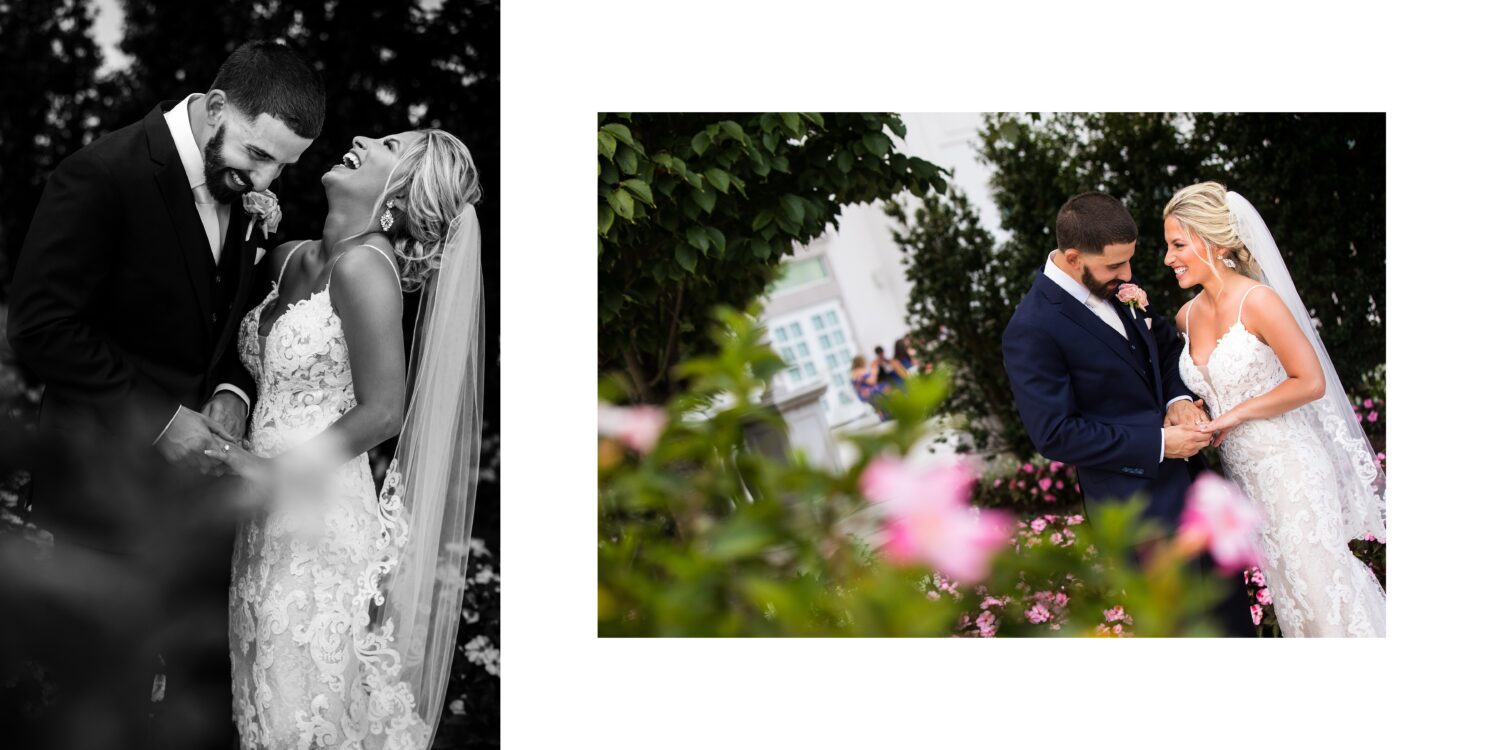 candid romantic portraits of the bride and groom as they stand with one another in the garden of flowers during their first look in New Jersey 