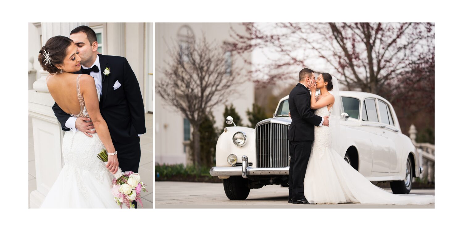 romantic winter portraits of the bride and groom as they share a kiss with each other in front of a white vintage car during their outdoor winter romantic portraits outside of the palace at Somerset Park 