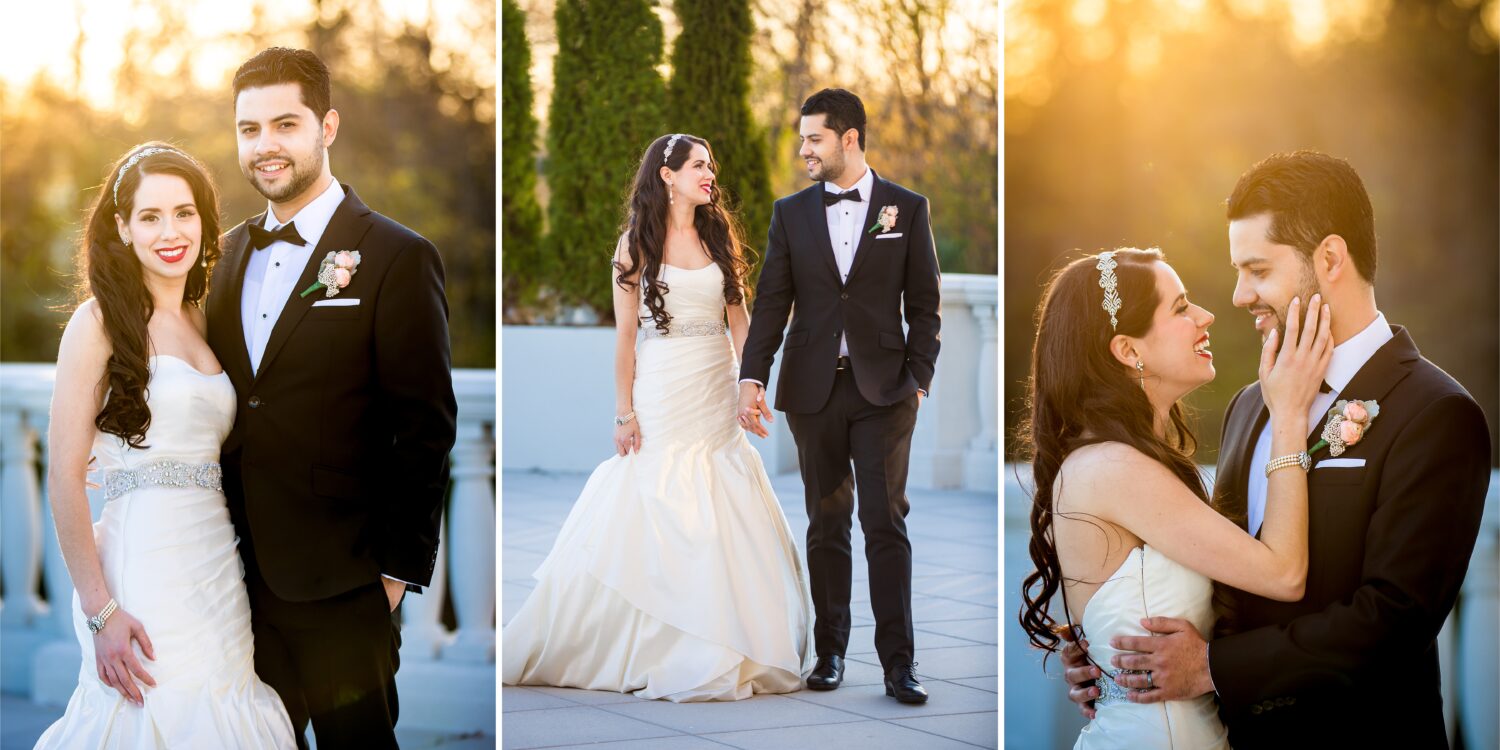 stunning golden hour portraits of the bride and groom as they stand on the terrace at the palace at Somerset Park in New Jersey 