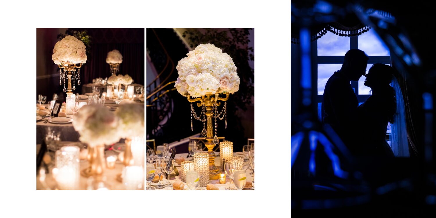 palace wedding photographer, Lisa Rhinehart, captures these gorgeous white and gold table details along side a blue silhouetted image of the bride and groom in front of a window 