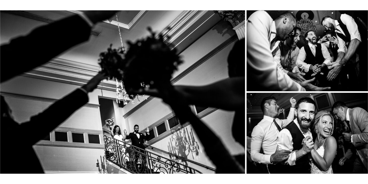 collage of black and white images of the bride and groom as they walk down the staircase and dancing with friends and family at the palace at Somerset Park in New Jersey 