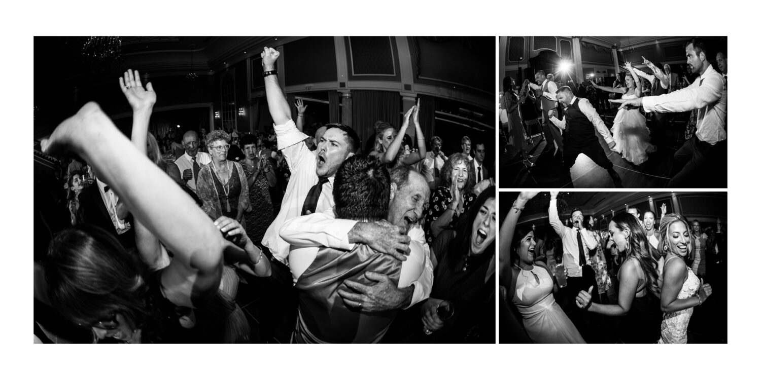 collage of black and white images of family and friends as they dance together during this fun wedding reception 