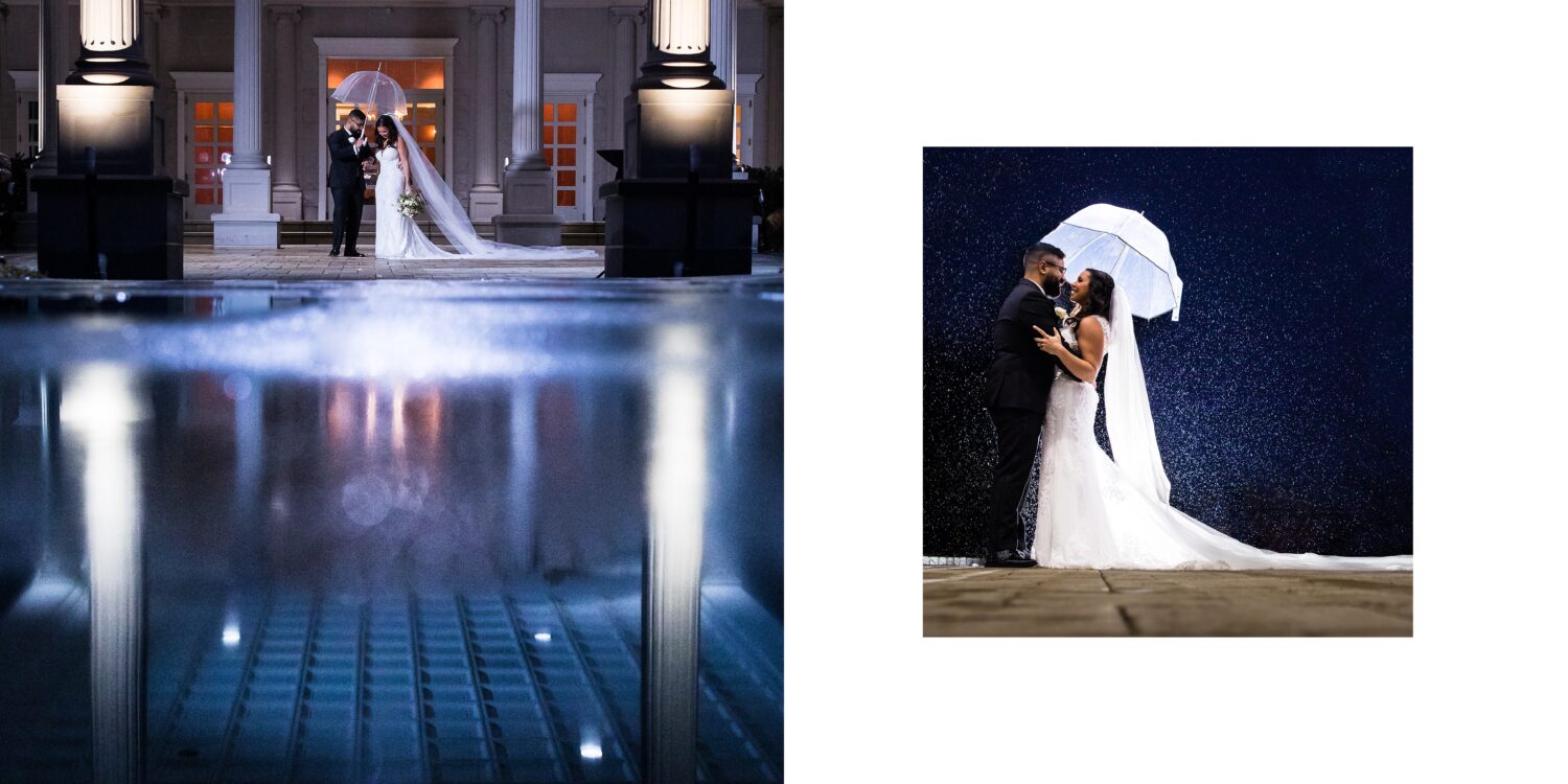 best nj wedding photographer, Lisa Rhinehart, captures these stunning rainy day photos of the bride and groom during rainy day palace at Somerset Park wedding 
