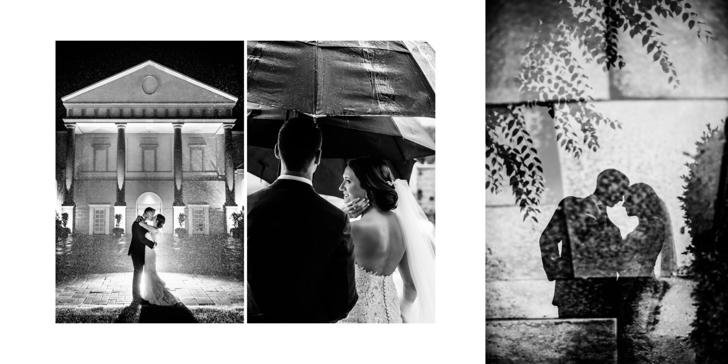 palace at Somerset Park wedding photographer, Lisa Rhinehart, captures these black and white rainy day images of the bride and groom during romantic portraits 