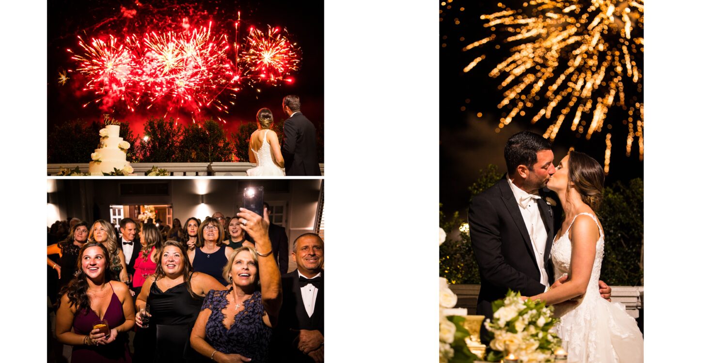 image of the bride and groom and their guests as they watch the fireworks at the palace at Somerset Park in New Jersey captured by best nj wedding photographer, Lisa Rhinehart 