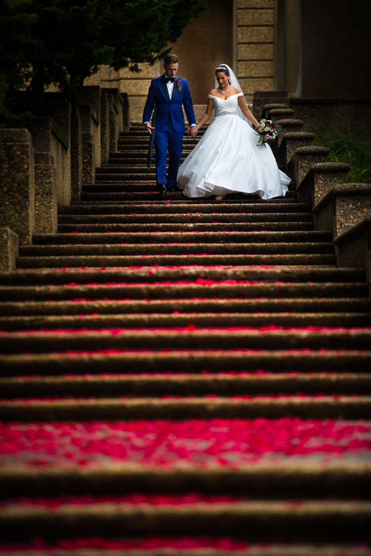 Bride and groom walking down steps covered in red rose petals a creative wedding idea in Meridian Hill Park