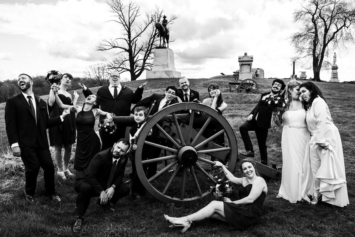 Gettysburg Bridal party black and white fun wedding party photo In Gettysburg Pennsylvania