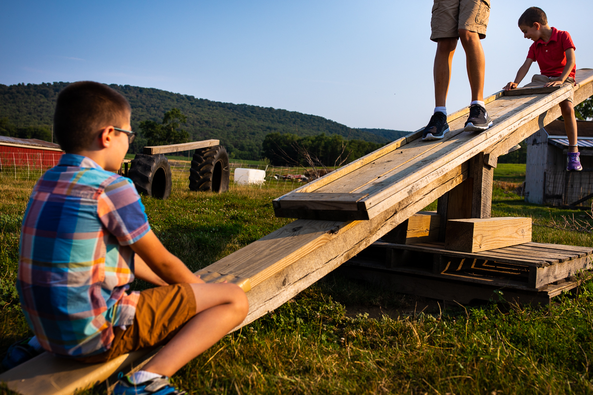 farm lifestyle photographer kings gap farm boys on giant wooden seesaw with tractor tires and hills in background 