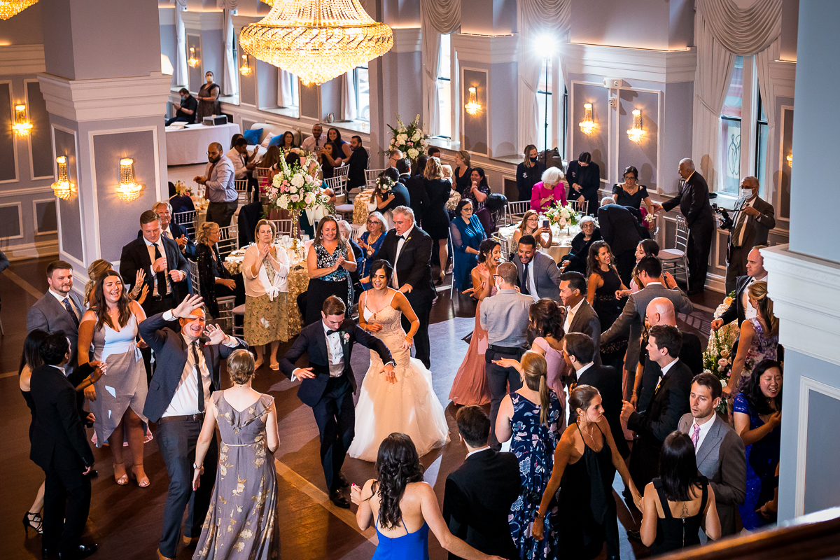best authentic unique creative wedding photographer the arts ballroom wedding aerial view of guests and couple on dance floor