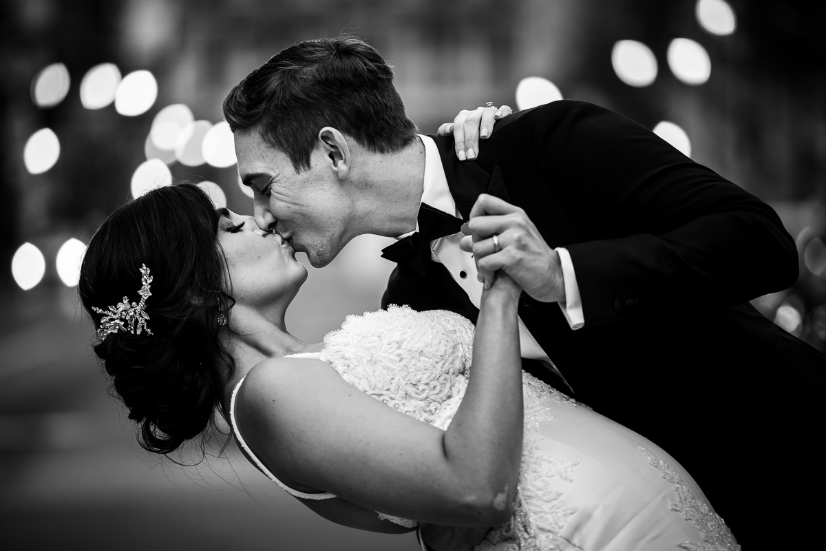 arts ballroom Philadelphia wedding photographer black and white photo bride and groom kissing