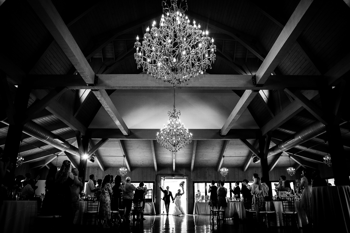 historic acres of Hershey wedding photographer best award winning creative unique black and white photo of bride and groom entering reception with large chandelier hanging above them