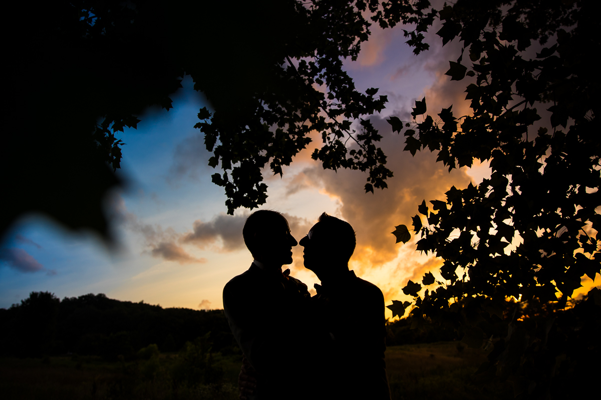best award winning national arboretum wedding photographer colorful vibrant creative two grooms looking at each other silhouetted against the sunset