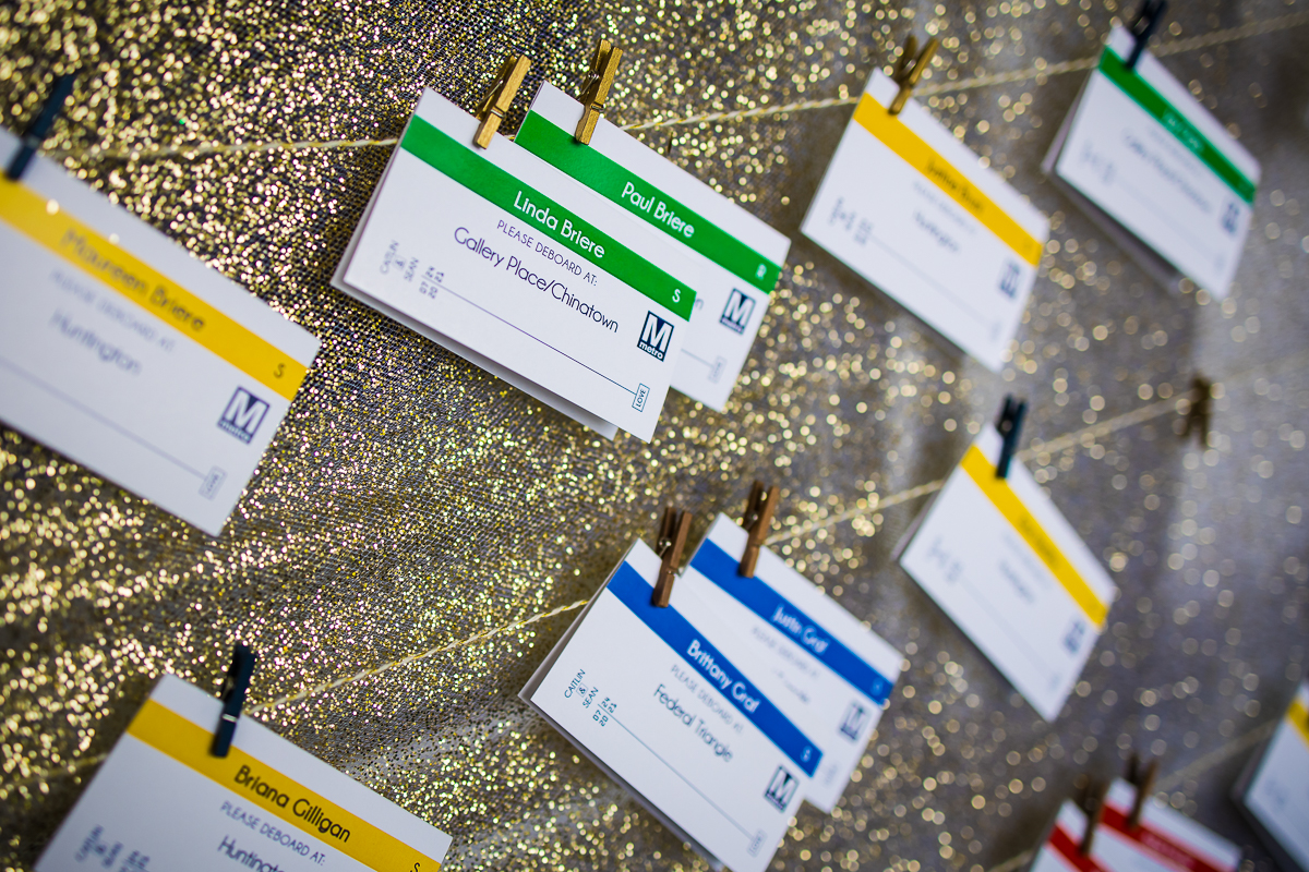dc metro themed place cards wedding photographer award winning river farm blue yellow and green metro pass place cards on gold sequin cloth