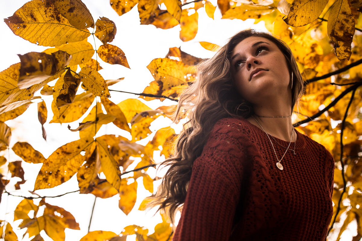girl surrounded by yellow fall leaves creative senior portrait 