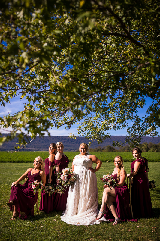 bride and bridesmaids outside heritage restored posing 