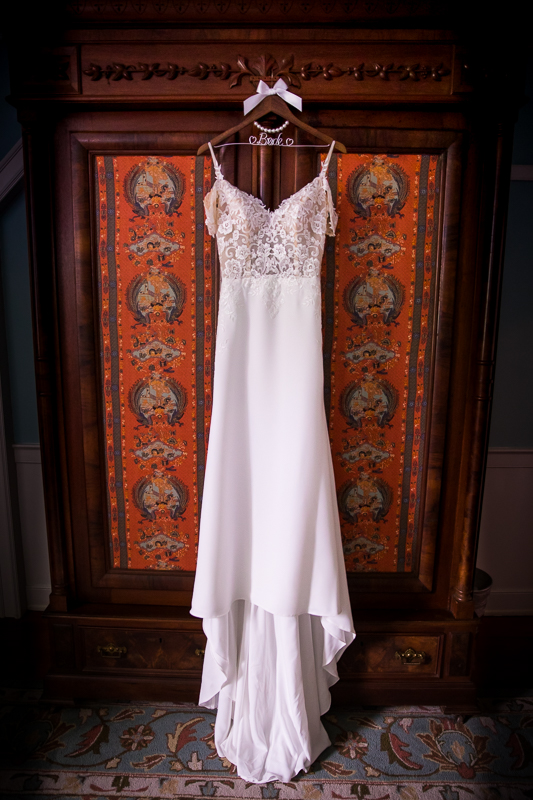 wedding dress hanging at allenberry resort mansion bridal suite
