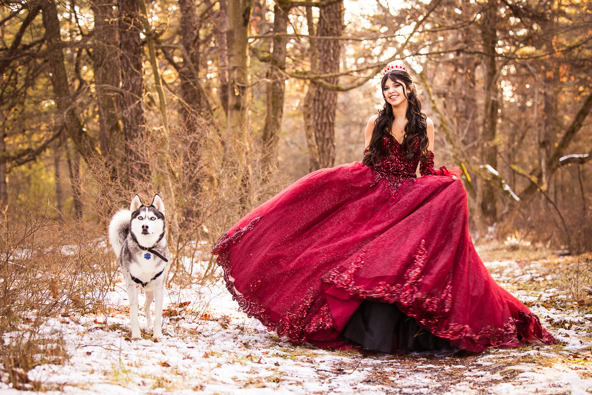creative unique artistic best PA quinceanera photographer red riding hood inspired with husky