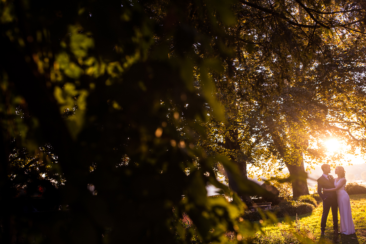 Unique and creative photo of the couple in the bottom corner while the trees surround them. The couple is back lit by the sun setting through the trees behind them