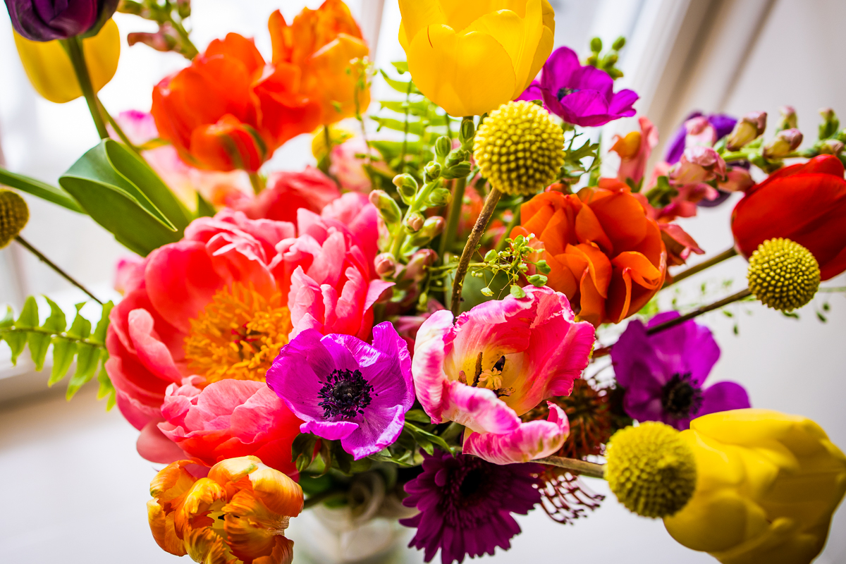 Vibrant, colorful image of the bride's bouquet taken before their linwood estate wedding ceremony