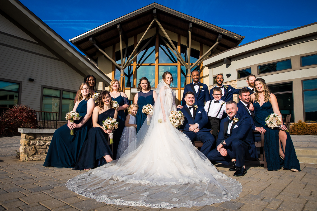 traditional portrait of the bride, groom and wedding party before their liberty mountain resort wedding ceremony