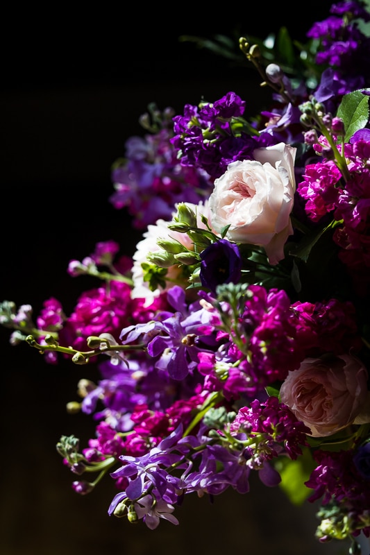 Bright, vibrant photo of puple, pink, white and green flowers for the brides bouquet