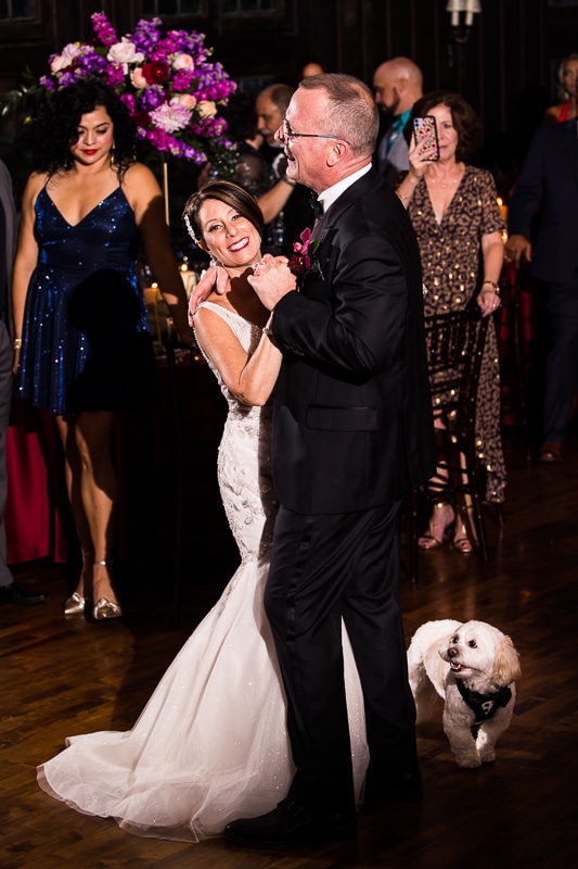 bride and groom share their first dance with the dog looking up at them at the civic club of harrisburg