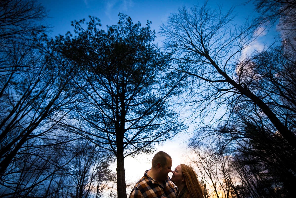 unique, creative, vibrant image of the couple smiling and almost kissing one another as they are surrounded by trees and a vibrant blue sky in the background 