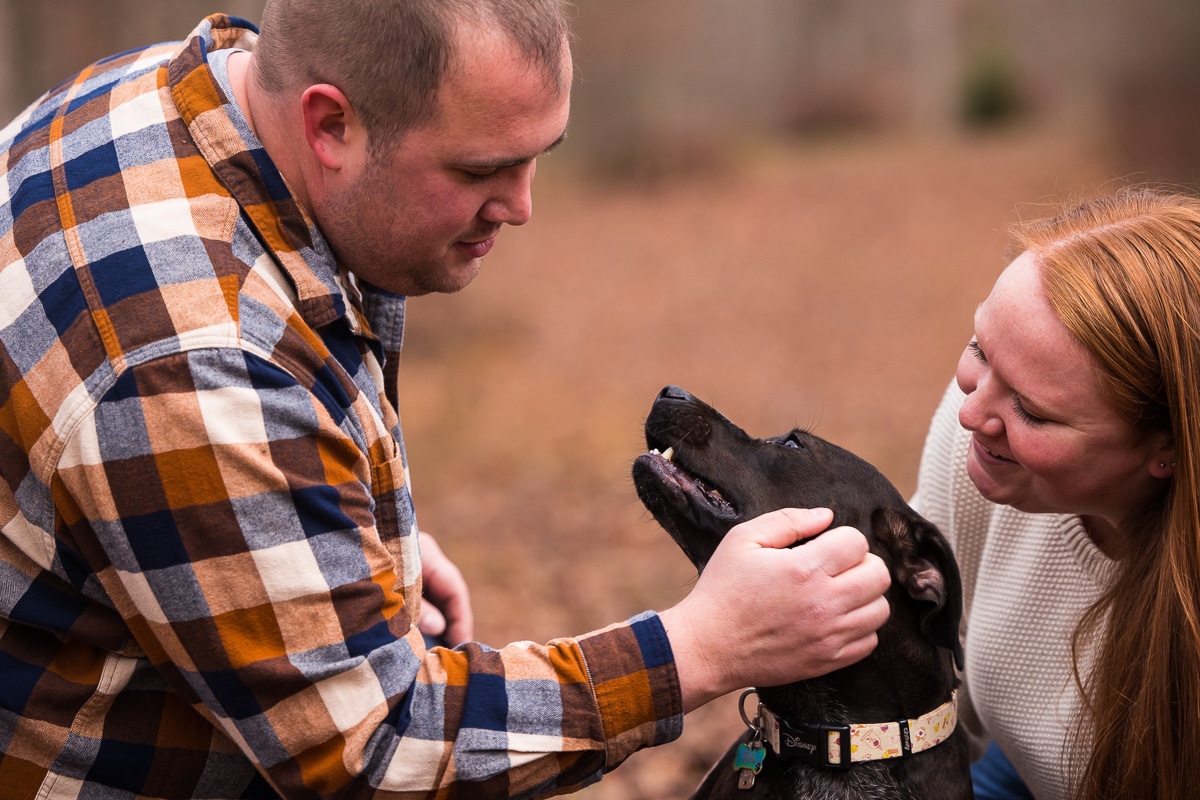 image of the couple petting and playing with their dog during their engagement session with lisa rhinehart 