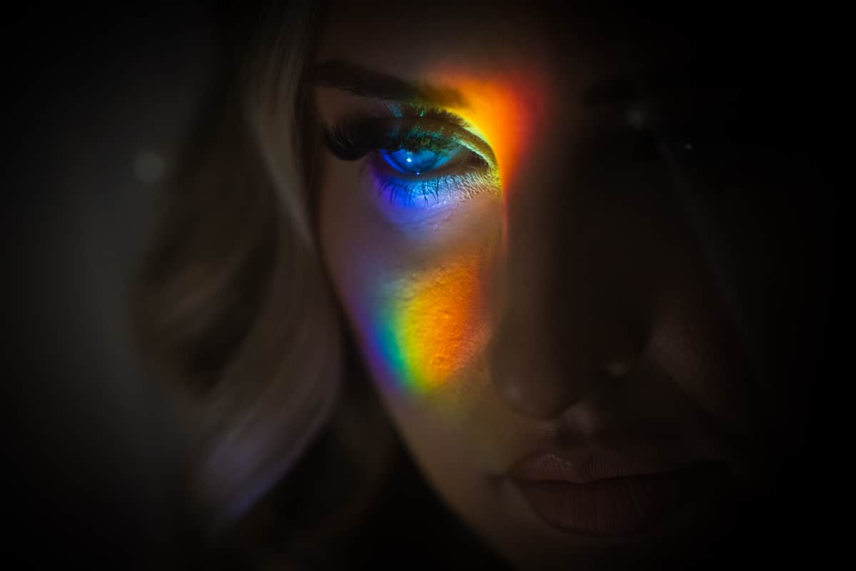 unique, creative, colorful image of the brides eye with a rainbow prism reflected on her eye captured by best pa wedding photographer, lisa rhinehart 