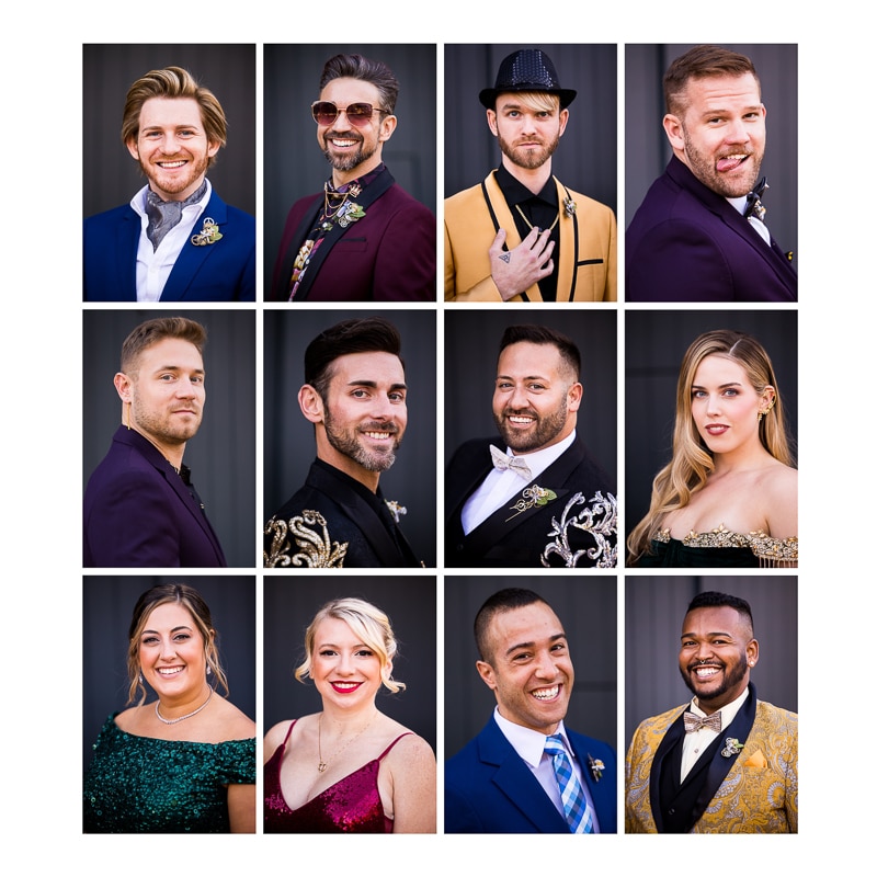 Traditional portraits of the grooms and their wedding party in their colorful jewel toned, rainbow attire before their wedding ceremony