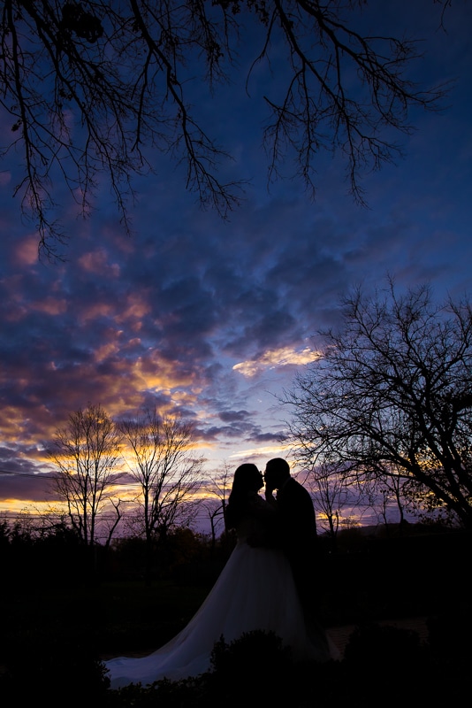 Ryland Inn Wedding Photographer, lisa rhinehart, captures the couple looking at one another as the sun sets behind them in gold, blue and purple tones on their wedding day at the Ryland Inn, NJ