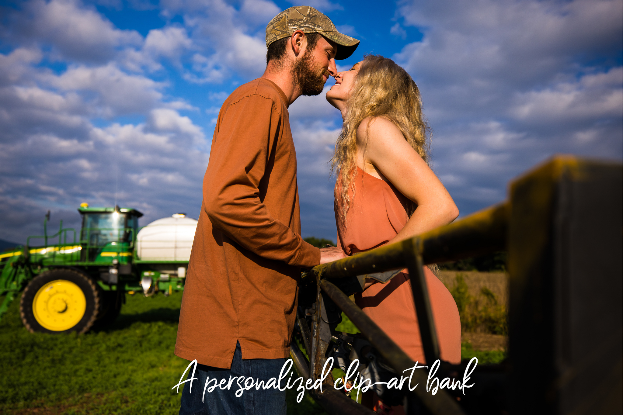 unique, fun, image of a couple kissing as their farm equipment is in the background for this business branding photography session