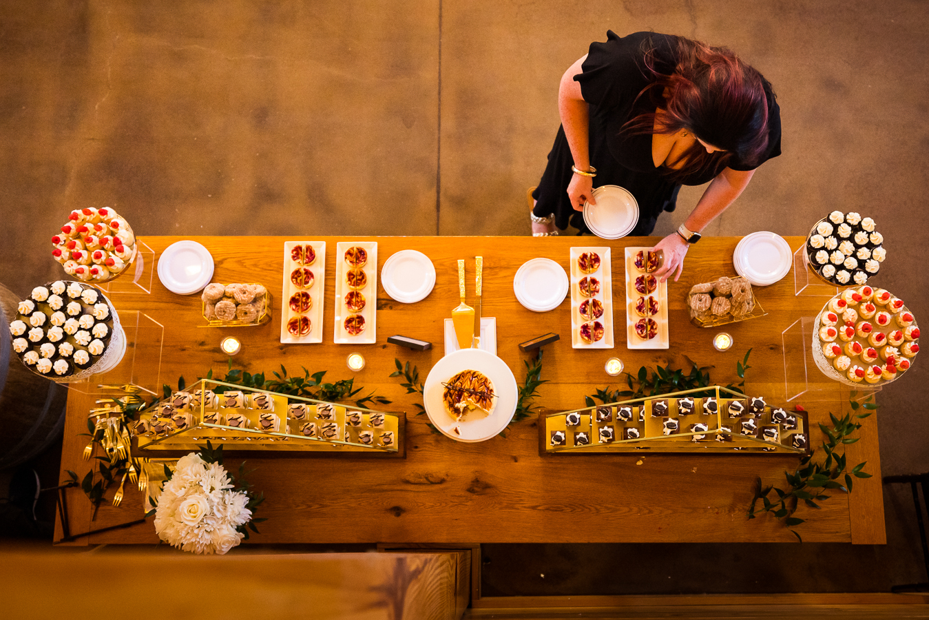 unique, creative perspective of the dessert table during the wedding reception in Virginia 