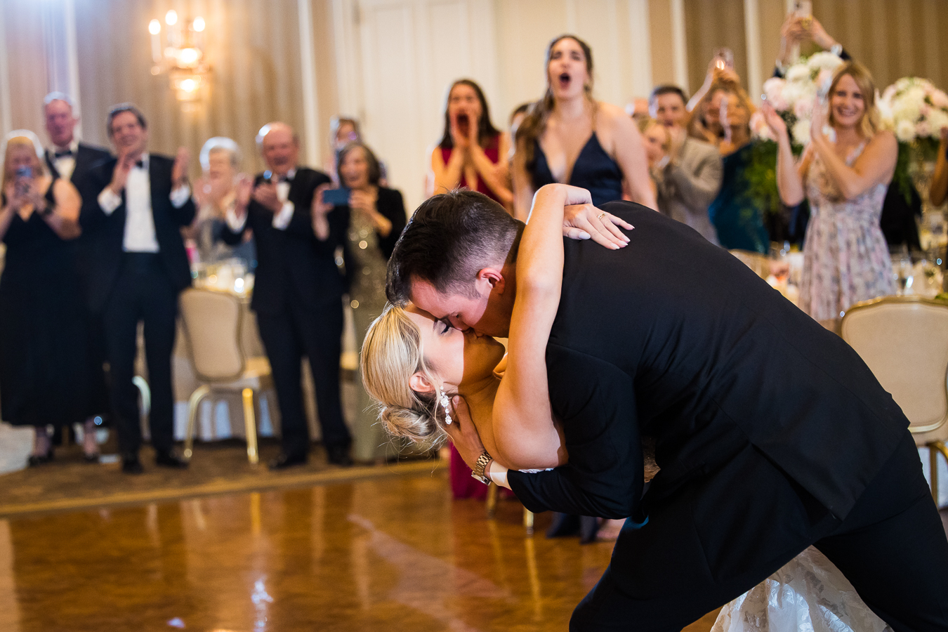 best pa wedding photographer, rhinehart photographer, captures the couple as they share a kiss together on the dance floor at their york wedding reception