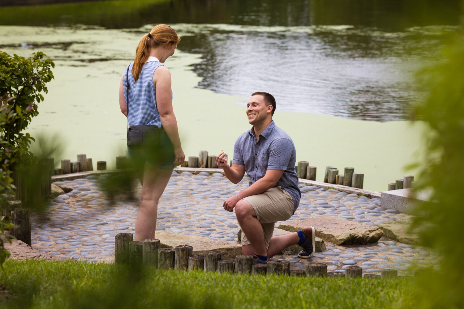 surprise propsal photographer, lisa rhinehart, captures this exact moment when the guy got down on one knee to propose to his girlfriend inside of the Missouri botanical gardens in st louis Missouri 