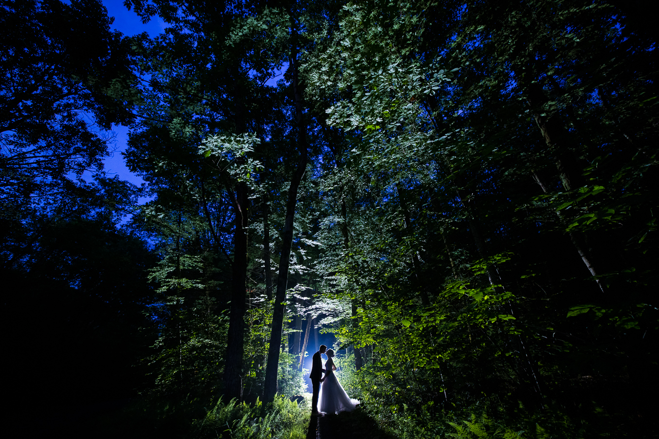 creative jim thorpe wedding photographer, lisa rhinehart, captures this vibrant night photo of the bride and groom standing on the trail holding hands facing one another as the trees glow around them with the vibrant blue night sky
