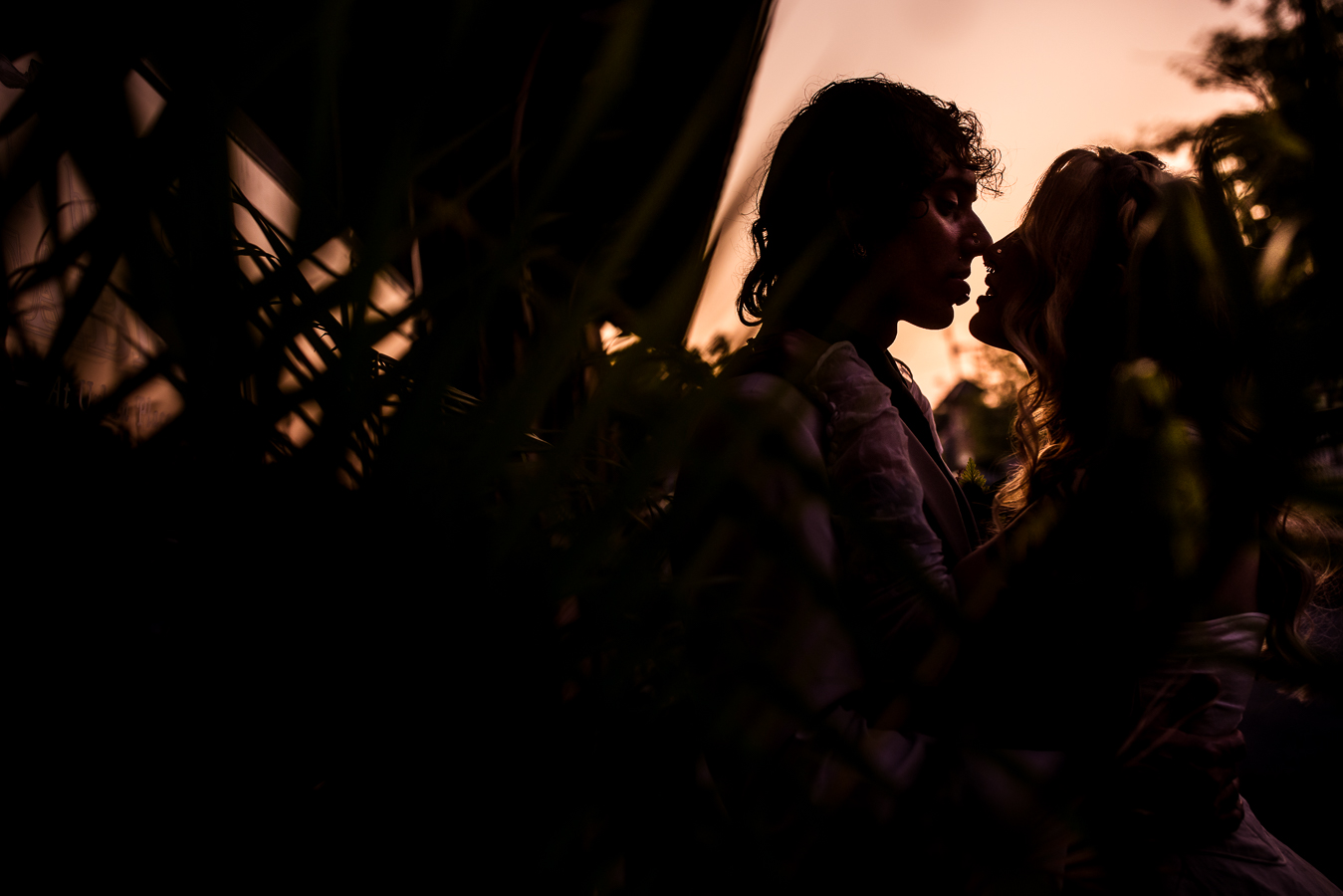 Cork Factory Hotel Wedding Photographer, lisa rhinehart, captures this stunning sunset image of the bride and groom almost sharing a kiss surrounded by outdoor greenery 