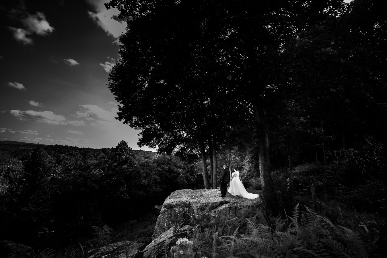 black and white image of the bride and groom as they stand holding hands on the rock overlook at oak lodge surrounded by trees and the mountains captured by Oak Lodge Wedding Photographer, rhinehart photography, in stahlstown, pa