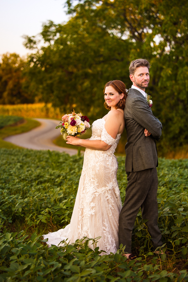 unique image of the couple as they stand back-to-back in the field of crops with a winding road behind them as the sun sets at alpine acres in warfordsburg pa 