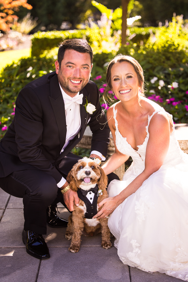 traditional wedding photographer, lisa rhinehart, captures this traditional portrait of the bride and groom kneeling down with their dog to sneak a family portrait before their black and gold wedding ceremony 