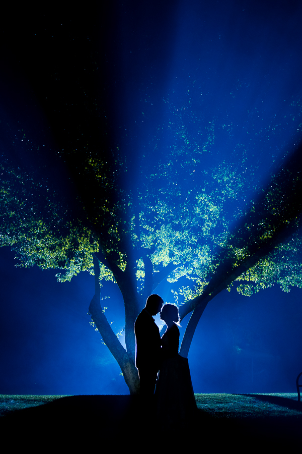 creative wedding photographer, lisa rhinehart, captures this creative unique end of the night shot of the bride and groom as they stand holding hands with their heads together in front of the backlit tree